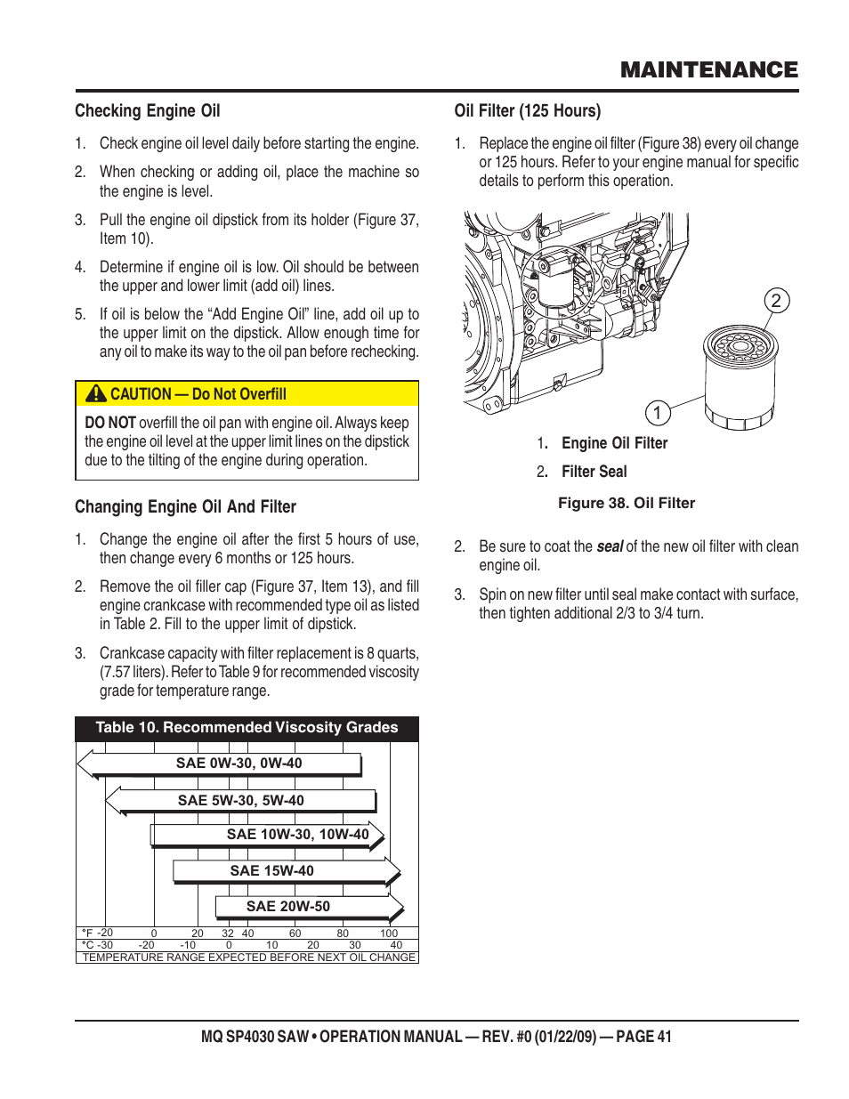 Maintenance, Checking engine oil, Changing engine oil and filter | Oil filter (125 hours) | Multiquip SP403030 User Manual | Page 41 / 60