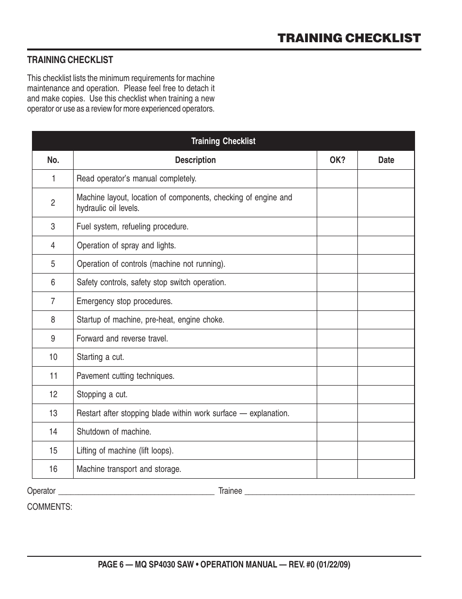 Training checklist | Multiquip SP403030 User Manual | Page 6 / 60