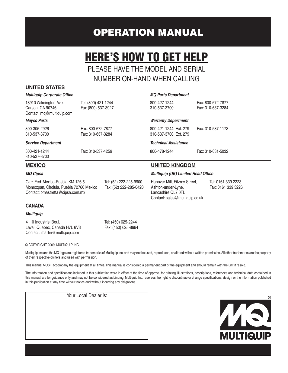 Here’s how to get help, Operation manual | Multiquip SP403030 User Manual | Page 60 / 60