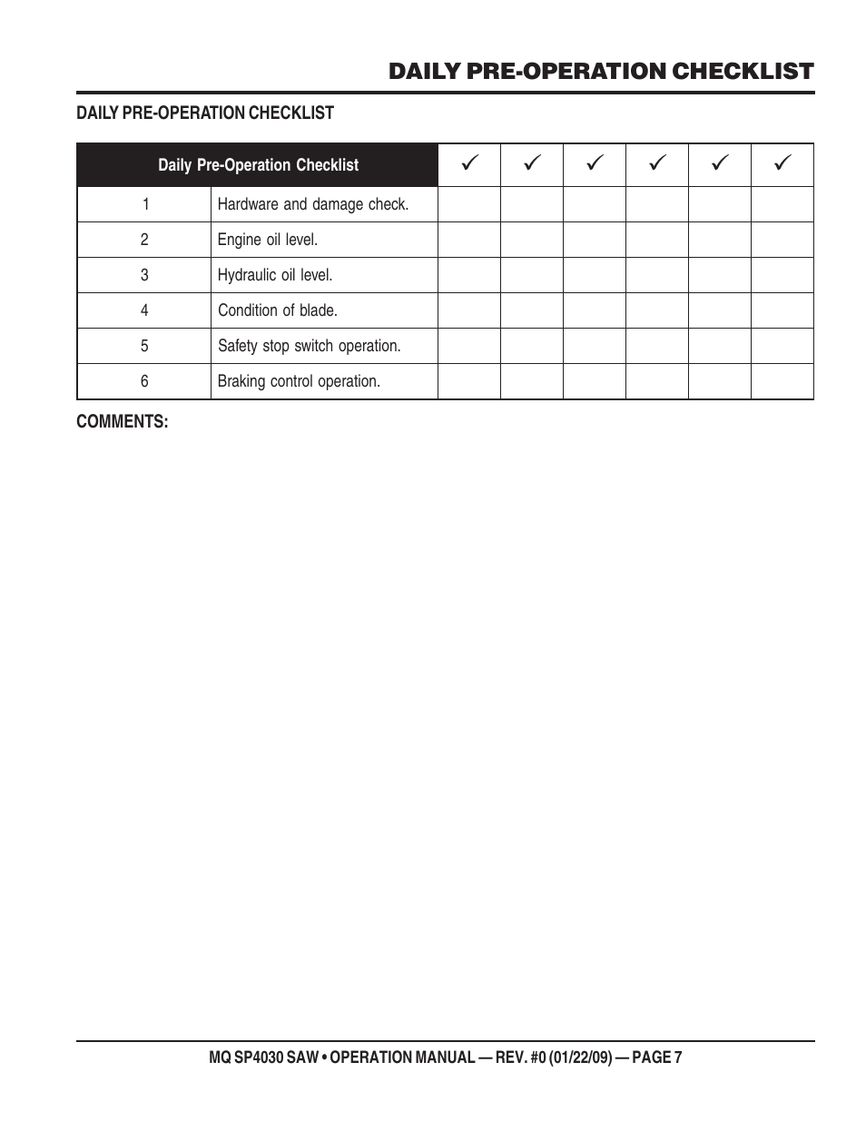 Daily pre-operation checklist | Multiquip SP403030 User Manual | Page 7 / 60