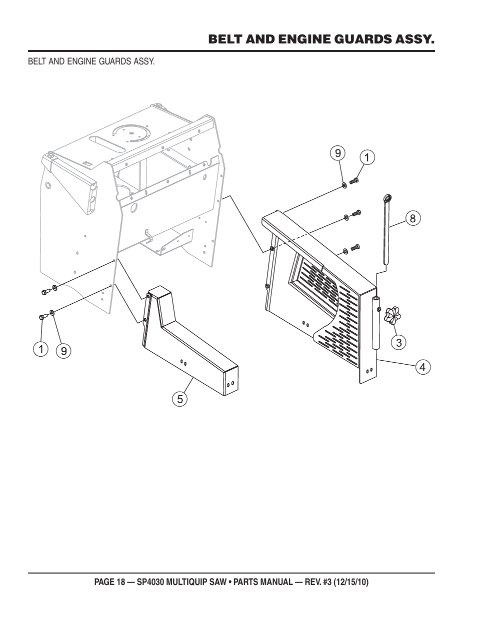 Belt and engine guards assy | Multiquip SP403030 User Manual | Page 18 / 66