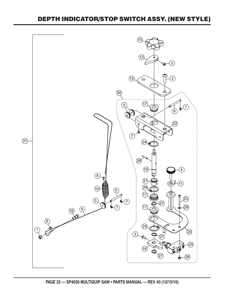Depth indicator/stop switch assy. (new style) | Multiquip SP403030 User Manual | Page 22 / 66