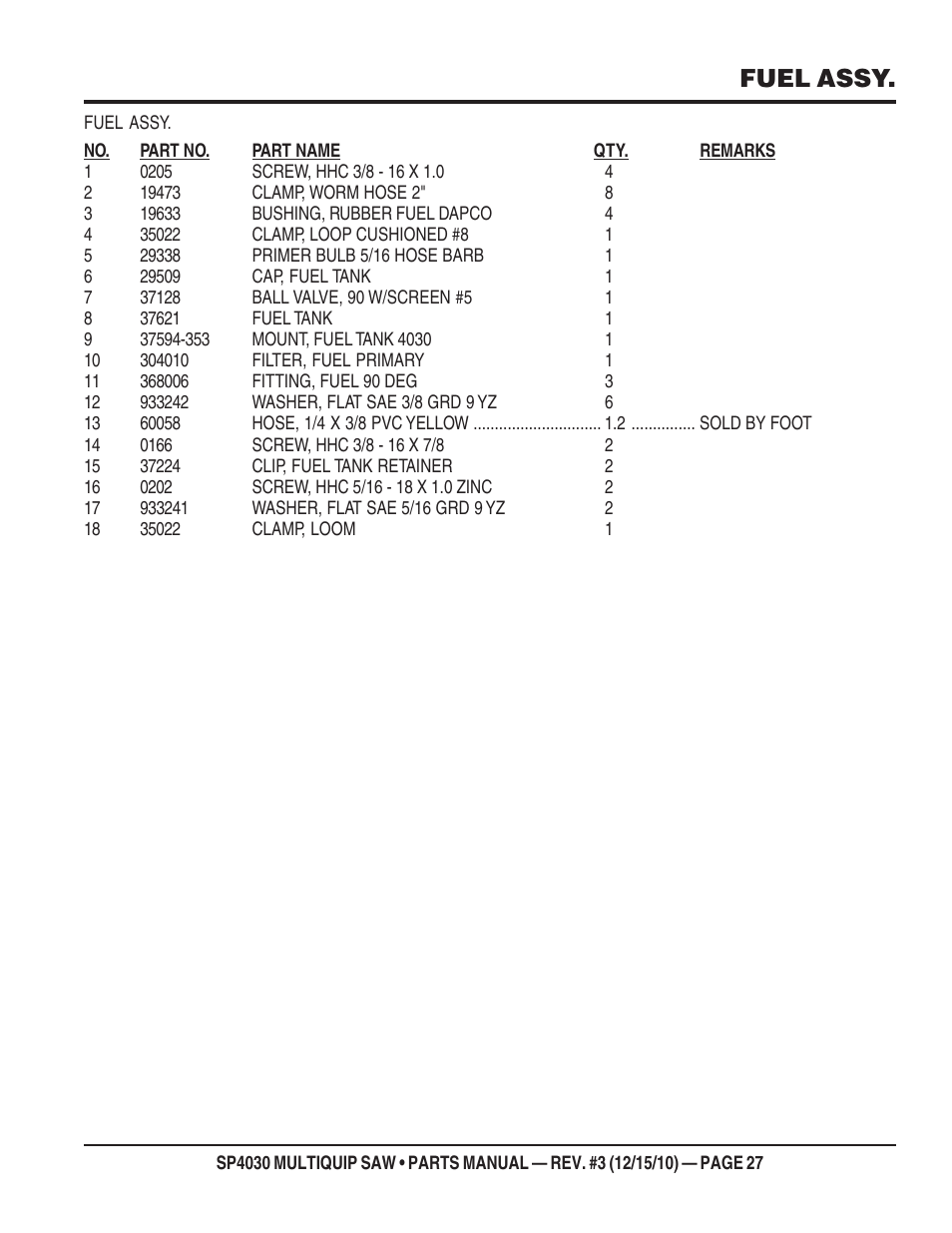 Fuel assy | Multiquip SP403030 User Manual | Page 27 / 66