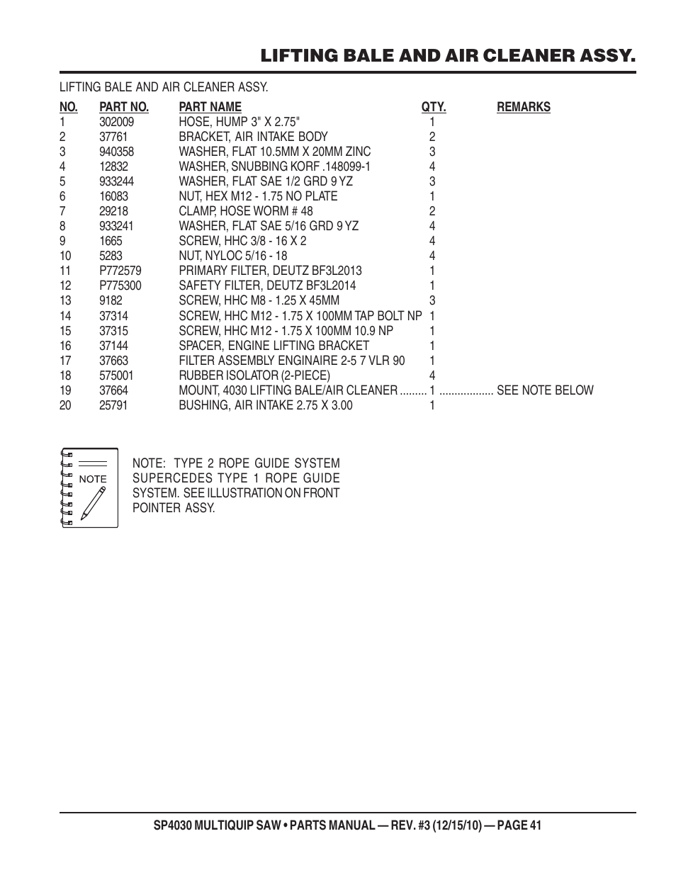 Lifting bale and air cleaner assy | Multiquip SP403030 User Manual | Page 41 / 66