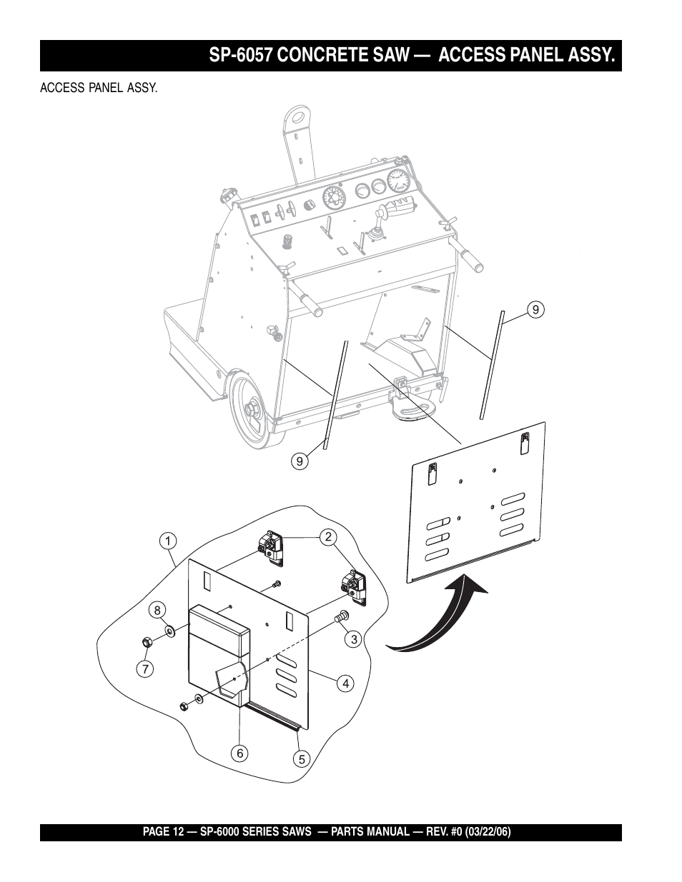 Sp-6057 concrete saw — access panel assy | Multiquip SP605736 User Manual | Page 12 / 90