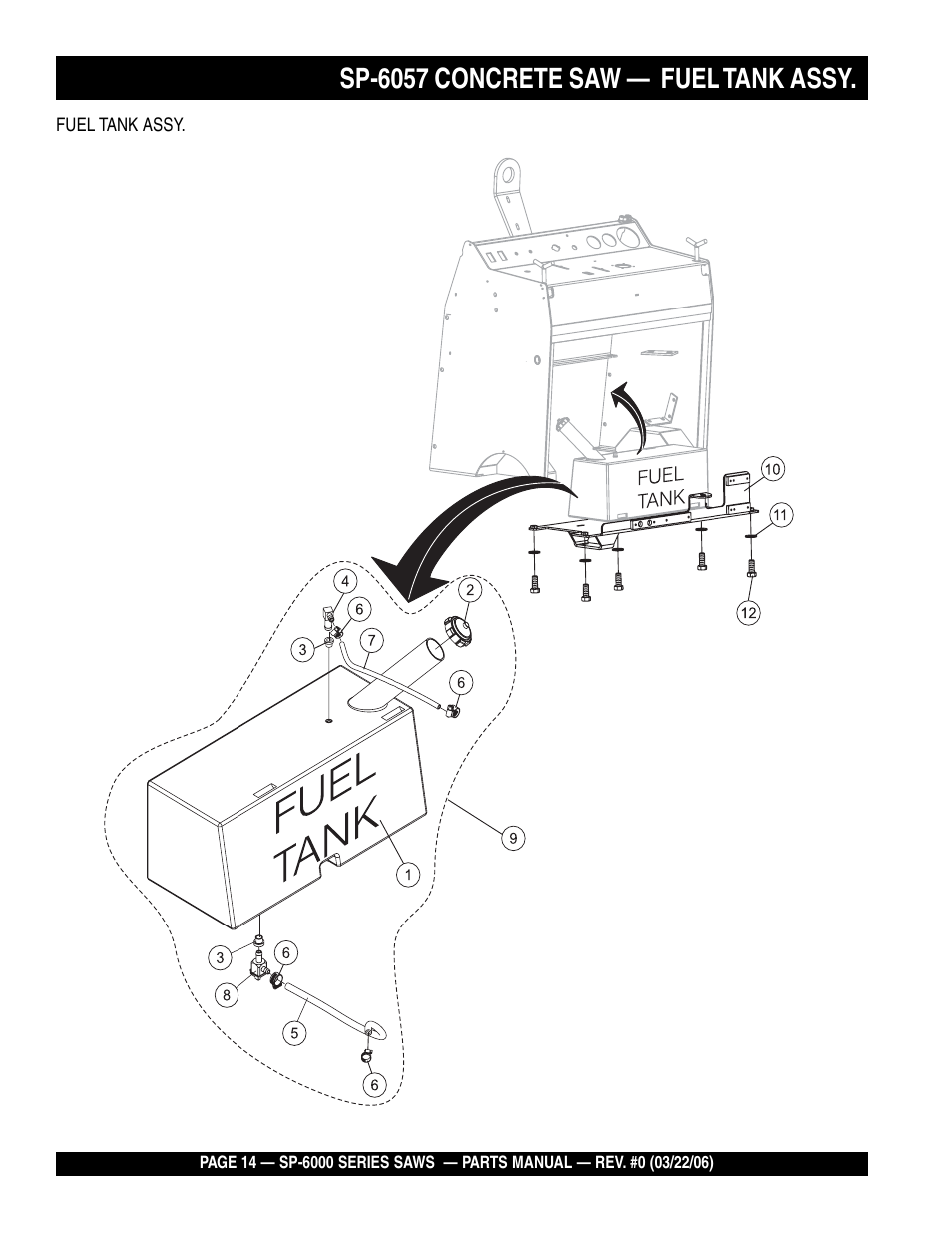 Sp-6057 concrete saw — fuel tank assy | Multiquip SP605736 User Manual | Page 14 / 90