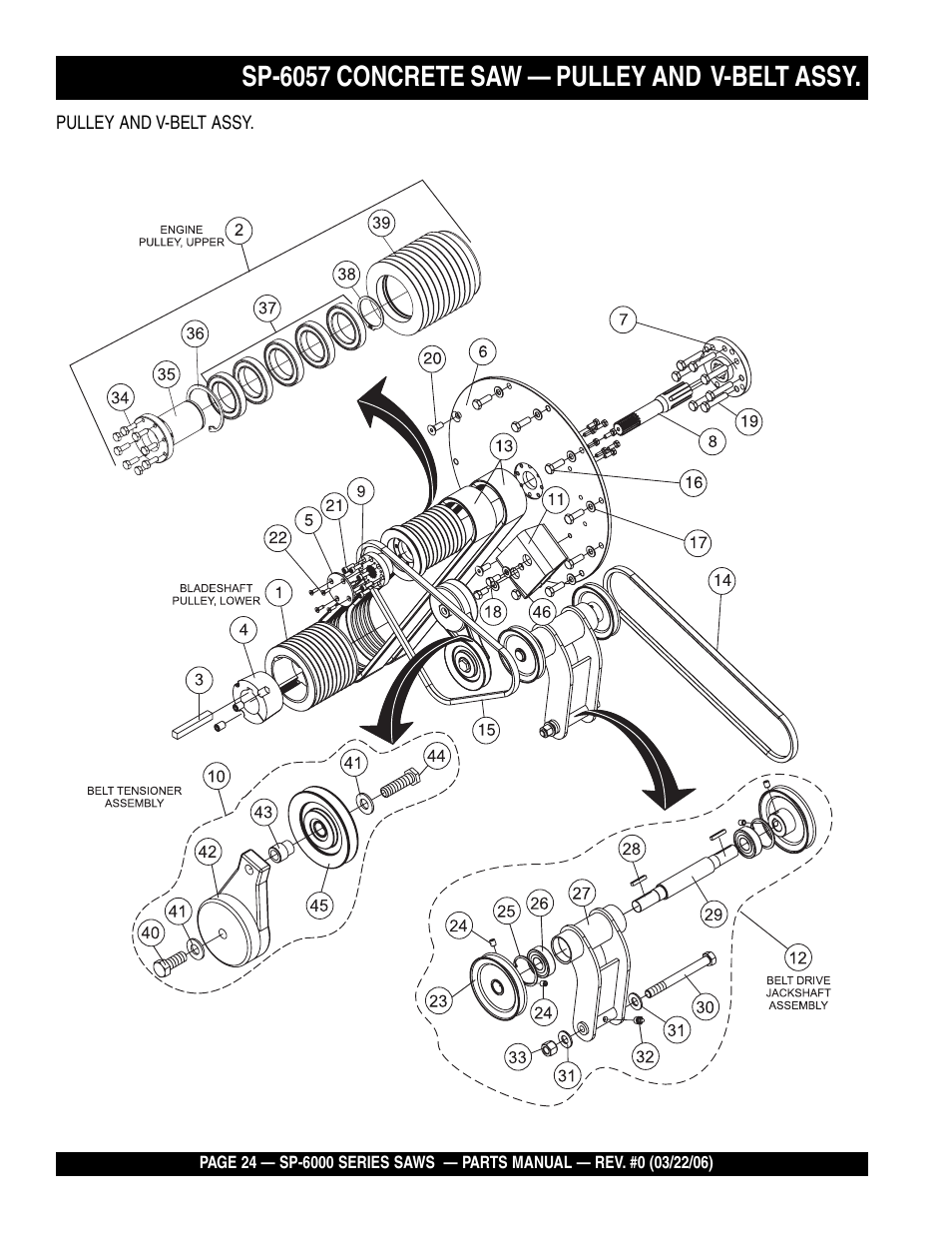 Sp-6057 concrete saw — pulley and v-belt assy | Multiquip SP605736 User Manual | Page 24 / 90