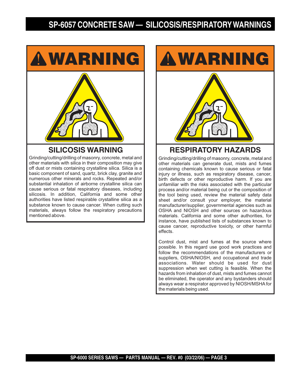 Warning | Multiquip SP605736 User Manual | Page 3 / 90
