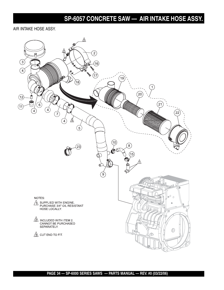 Sp-6057 concrete saw — air intake hose assy | Multiquip SP605736 User Manual | Page 34 / 90