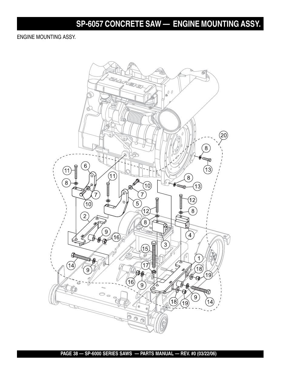 Sp-6057 concrete saw — engine mounting assy | Multiquip SP605736 User Manual | Page 38 / 90