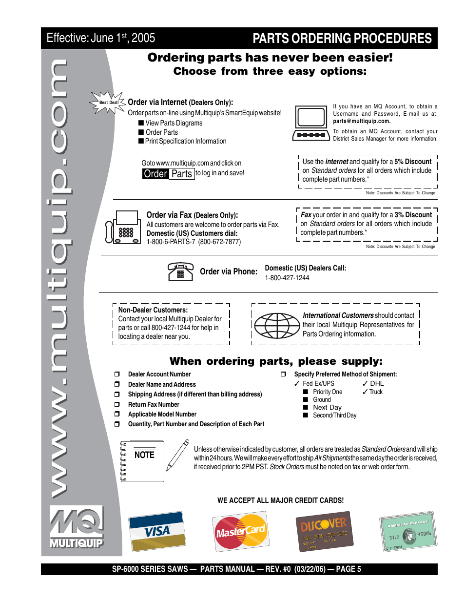Parts ordering procedures, Effective: june 1, Ordering parts has never been easier | Choose from three easy options, When ordering parts, please supply, Order parts | Multiquip SP605736 User Manual | Page 5 / 90