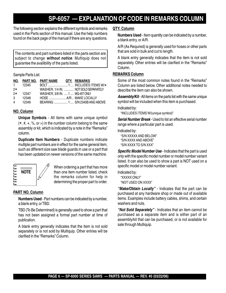 Sp-6057 — explanation of code in remarks column | Multiquip SP605736 User Manual | Page 6 / 90