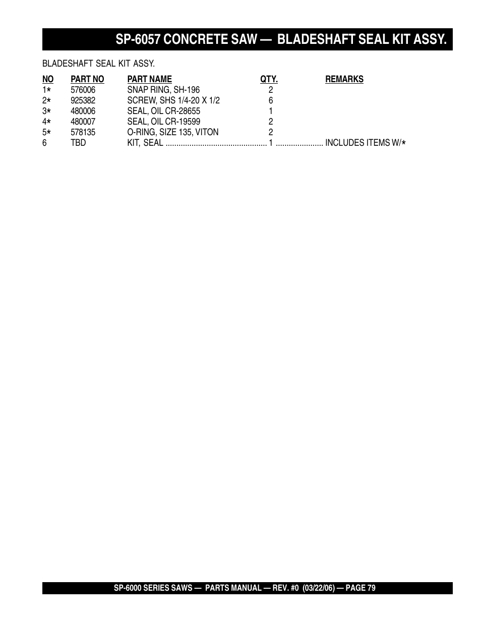 Sp-6057 concrete saw — bladeshaft seal kit assy | Multiquip SP605736 User Manual | Page 79 / 90