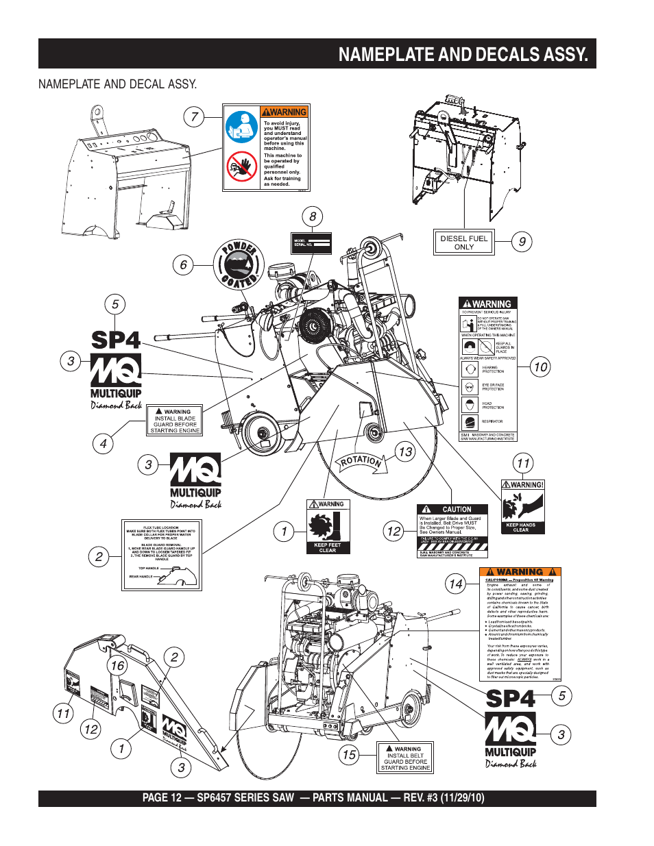 Nameplate and decals assy | Multiquip SP6457 User Manual | Page 12 / 96