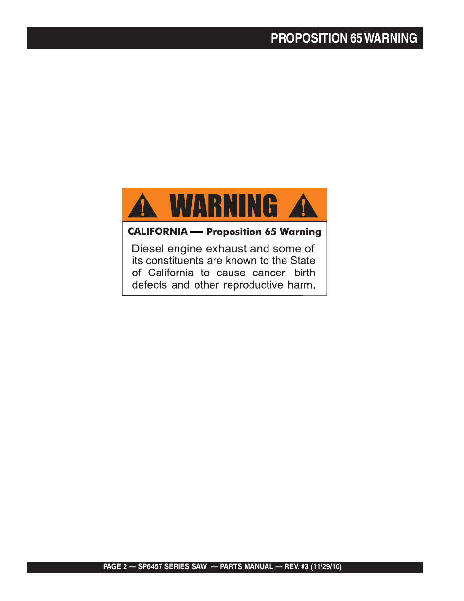 Proposition 65 warning | Multiquip SP6457 User Manual | Page 2 / 96