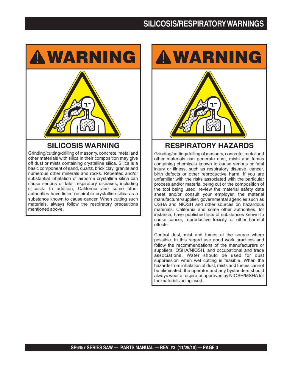 Warning | Multiquip SP6457 User Manual | Page 3 / 96