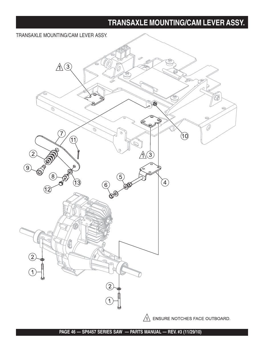 Transaxle mounting/cam lever assy | Multiquip SP6457 User Manual | Page 46 / 96