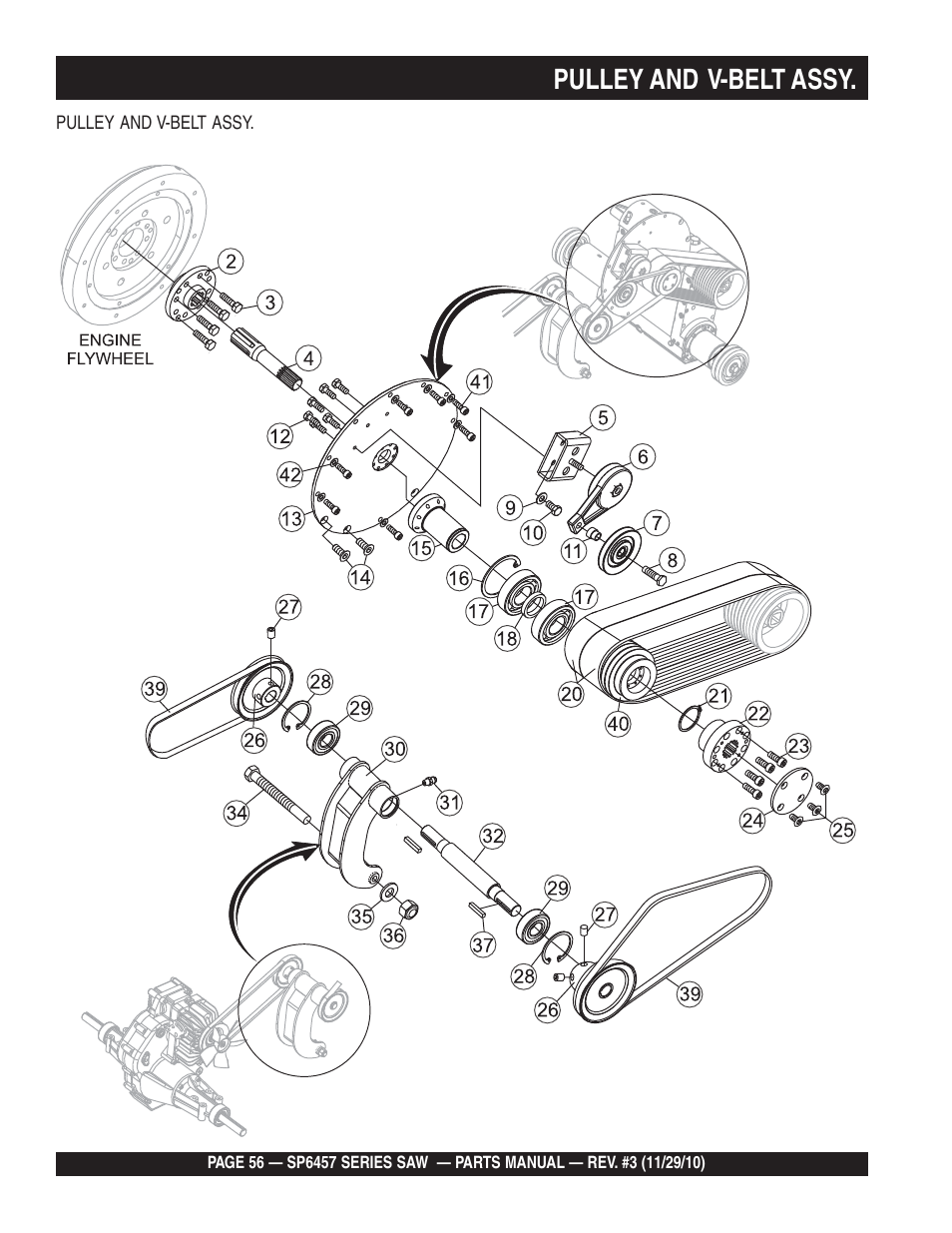 Pulley and v-belt assy | Multiquip SP6457 User Manual | Page 56 / 96