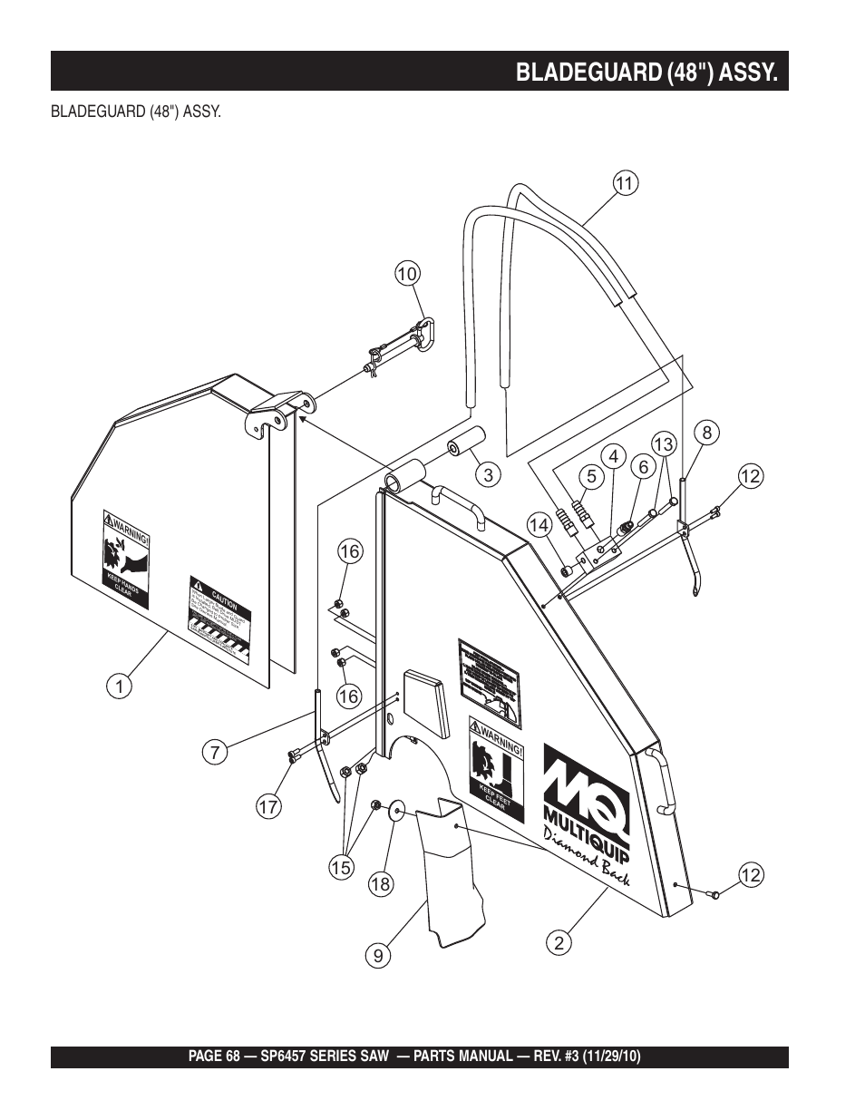 Bladeguard (48") assy, Warning | Multiquip SP6457 User Manual | Page 68 / 96