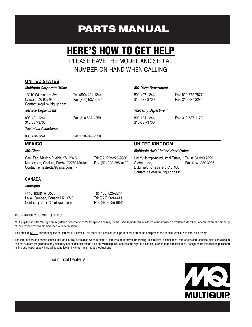 Here’s how to get help, Parts manual | Multiquip SP6457 User Manual | Page 96 / 96