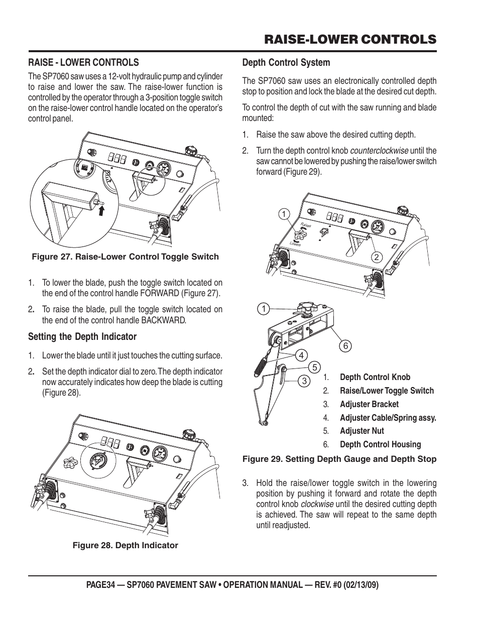 Raise-lower controls, Raise - lower controls, Setting the depth indicator | Depth control system | Multiquip SP706016 User Manual | Page 34 / 64