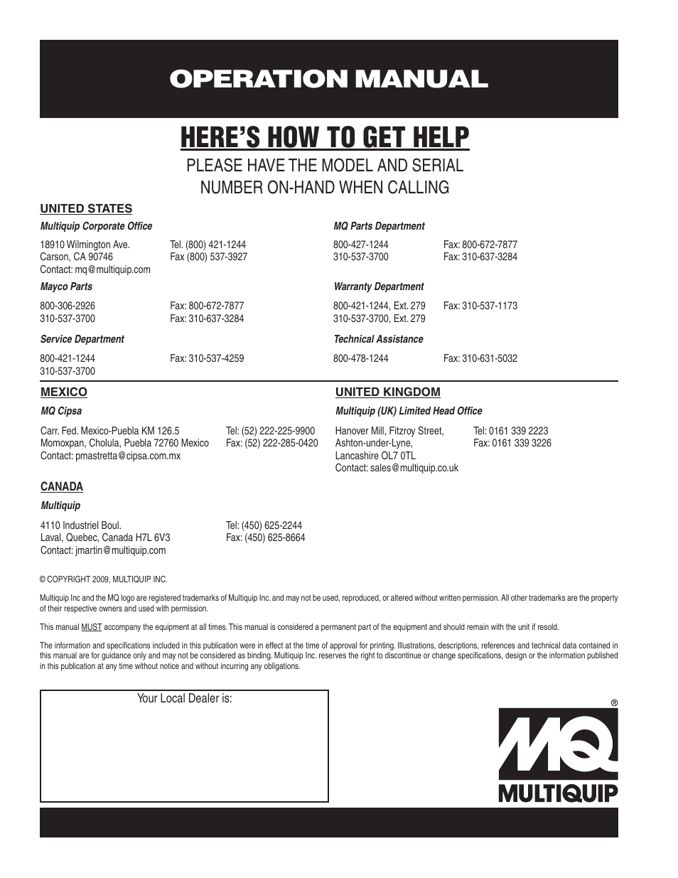 Here’s how to get help, Operation manual | Multiquip SP706016 User Manual | Page 64 / 64