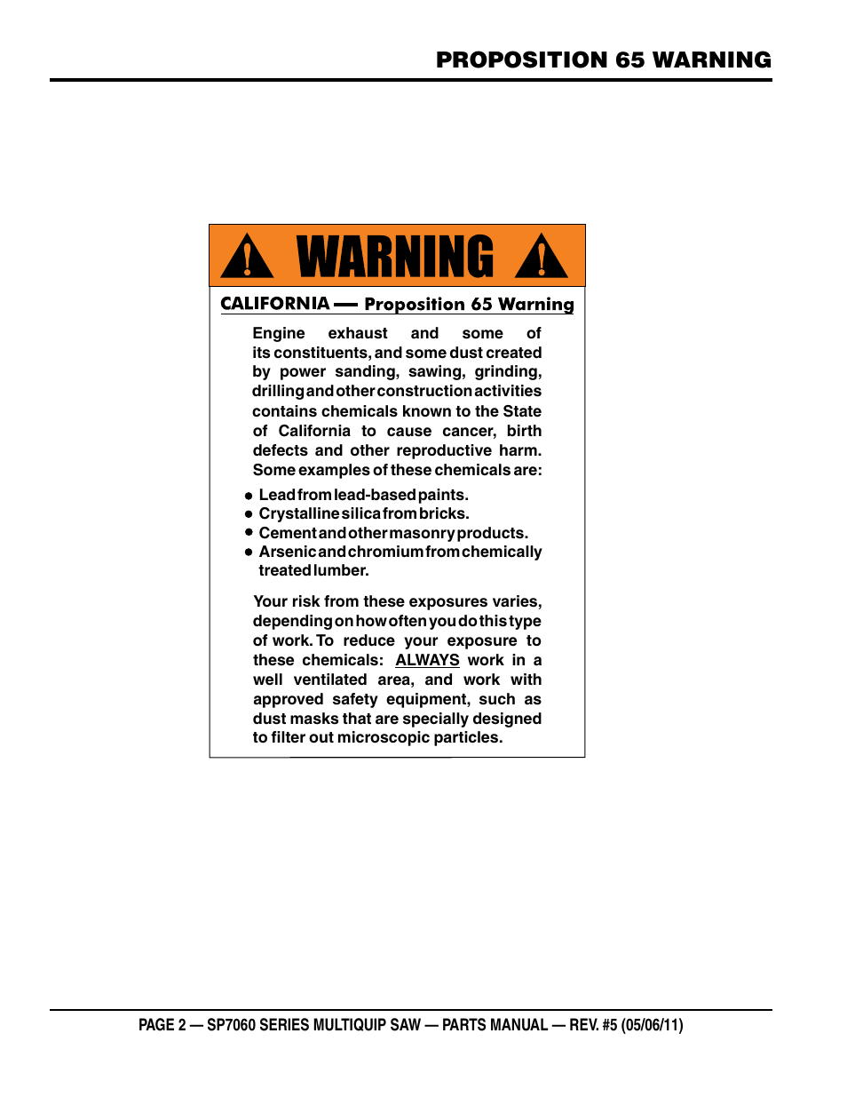 Proposition 65 warning | Multiquip SP706016 User Manual | Page 2 / 82