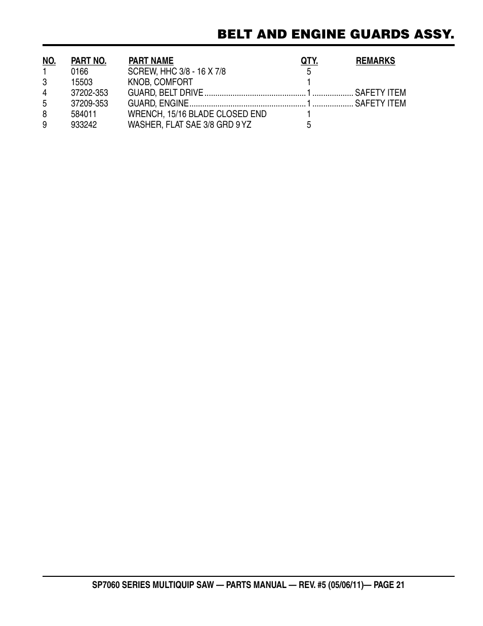 Belt and engine guards assy | Multiquip SP706016 User Manual | Page 21 / 82
