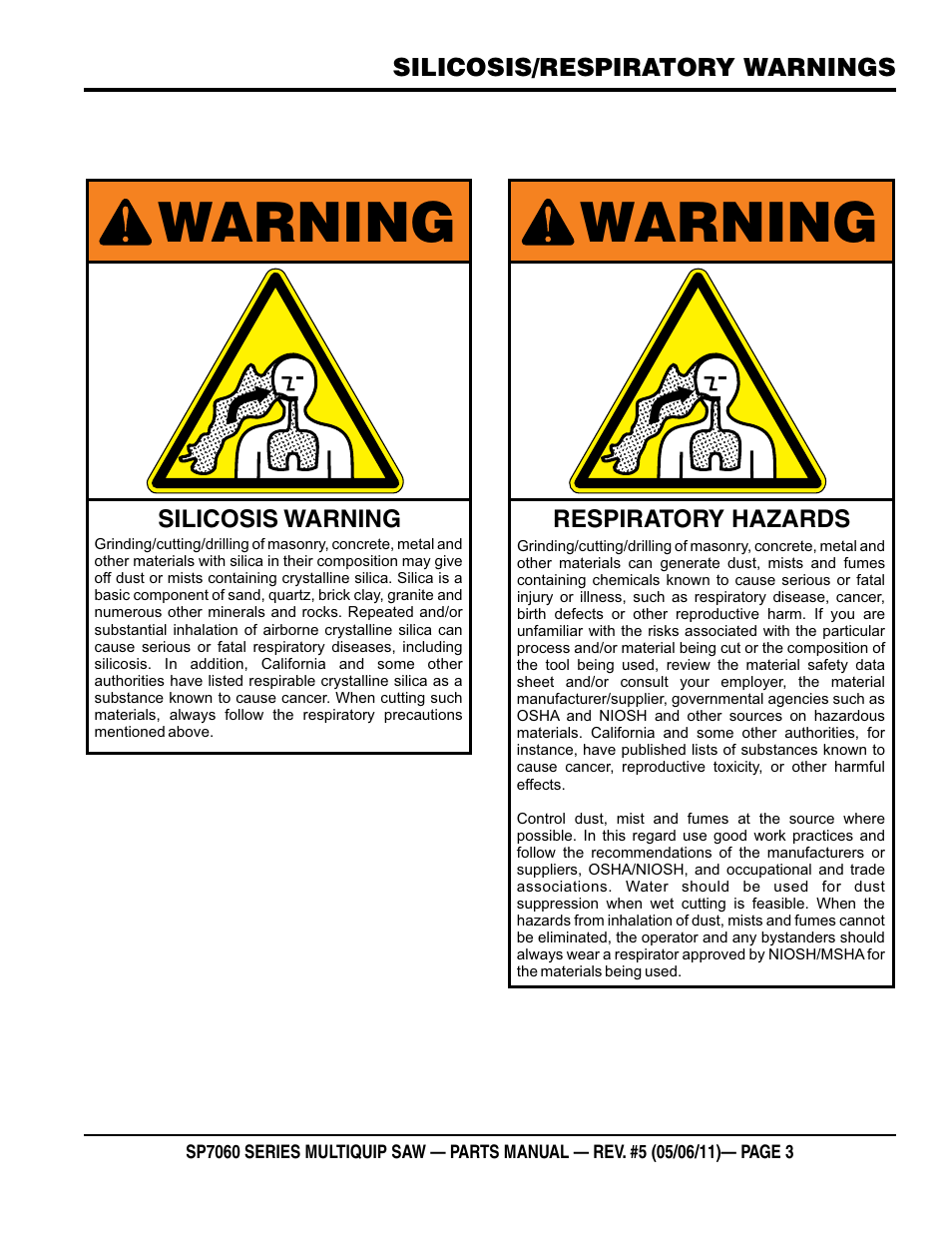 Warning | Multiquip SP706016 User Manual | Page 3 / 82