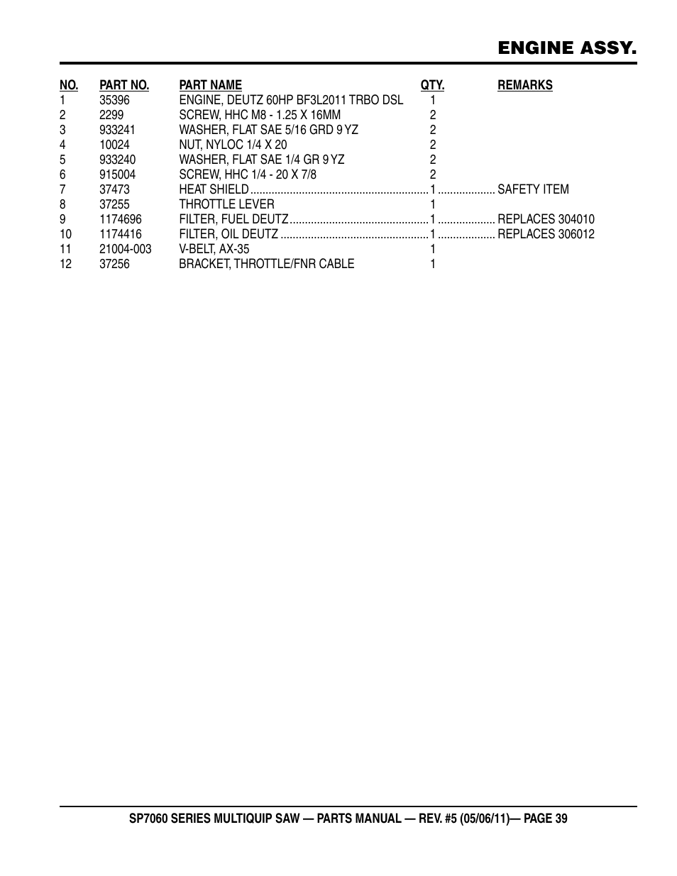 Engine assy | Multiquip SP706016 User Manual | Page 39 / 82