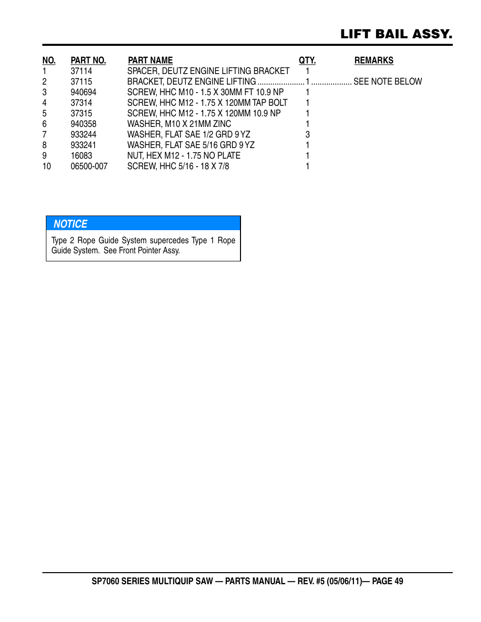 Lift bail assy | Multiquip SP706016 User Manual | Page 49 / 82