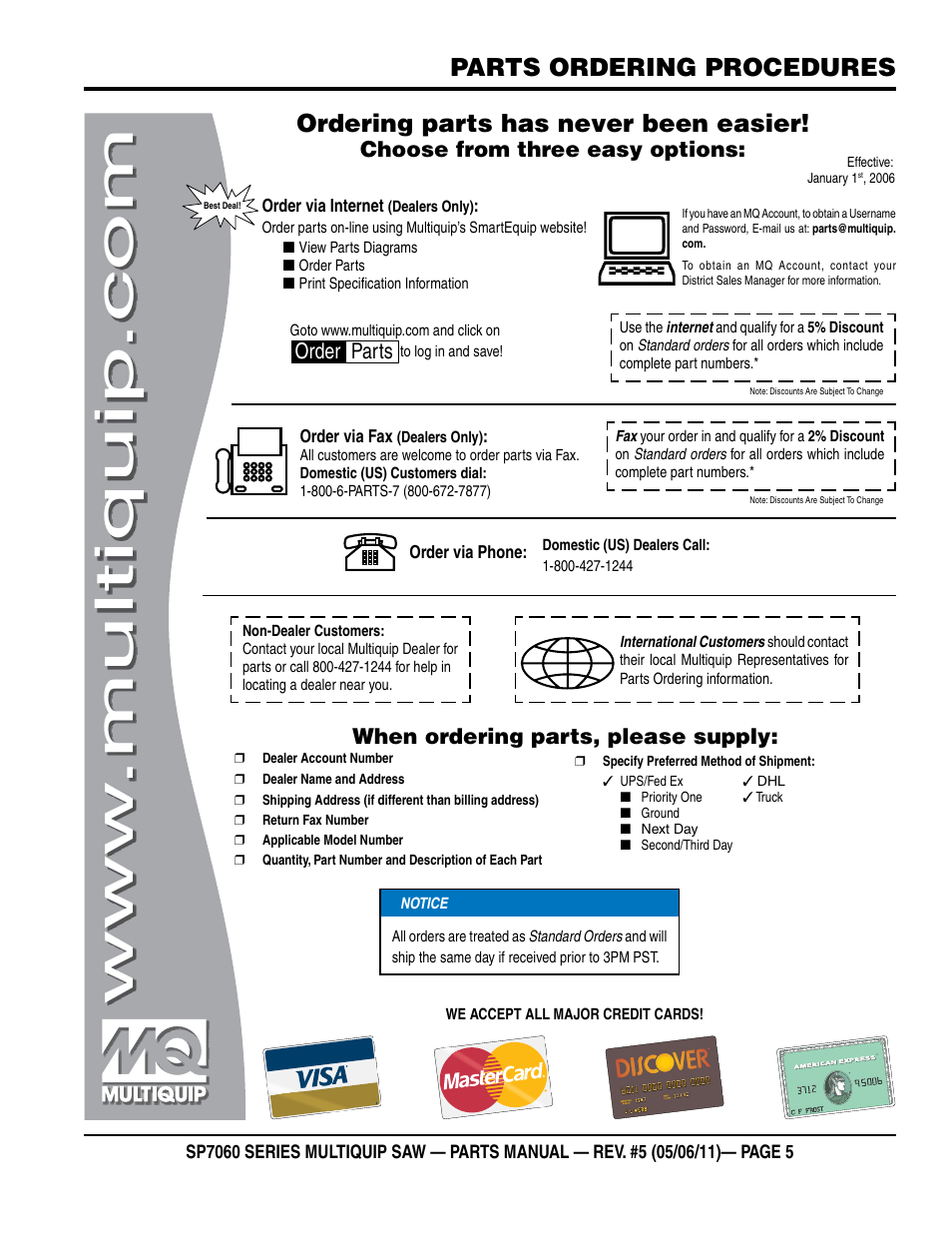 Parts ordering procedures, Ordering parts has never been easier, Choose from three easy options | When ordering parts, please supply, Order parts | Multiquip SP706016 User Manual | Page 5 / 82