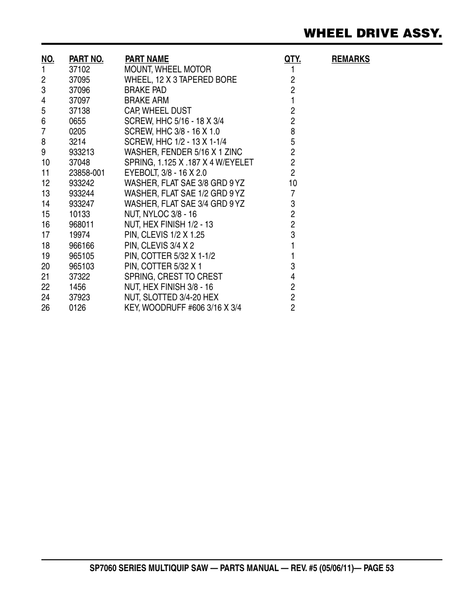 Wheel drive assy | Multiquip SP706016 User Manual | Page 53 / 82