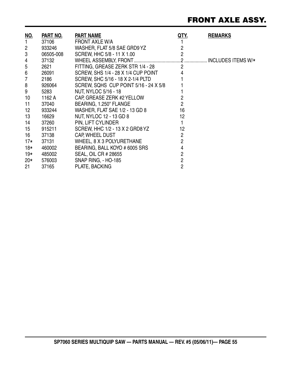 Front axle assy | Multiquip SP706016 User Manual | Page 55 / 82