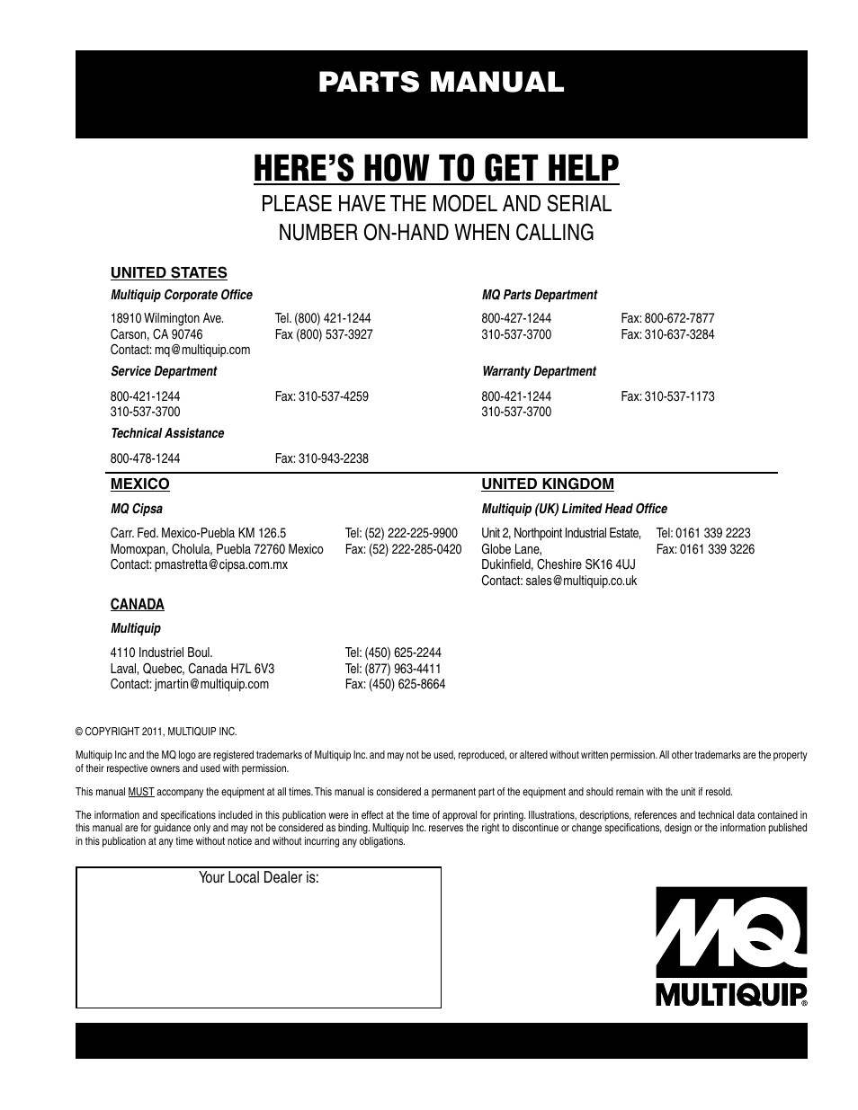 Here’s how to get help, Parts manual | Multiquip SP706016 User Manual | Page 82 / 82