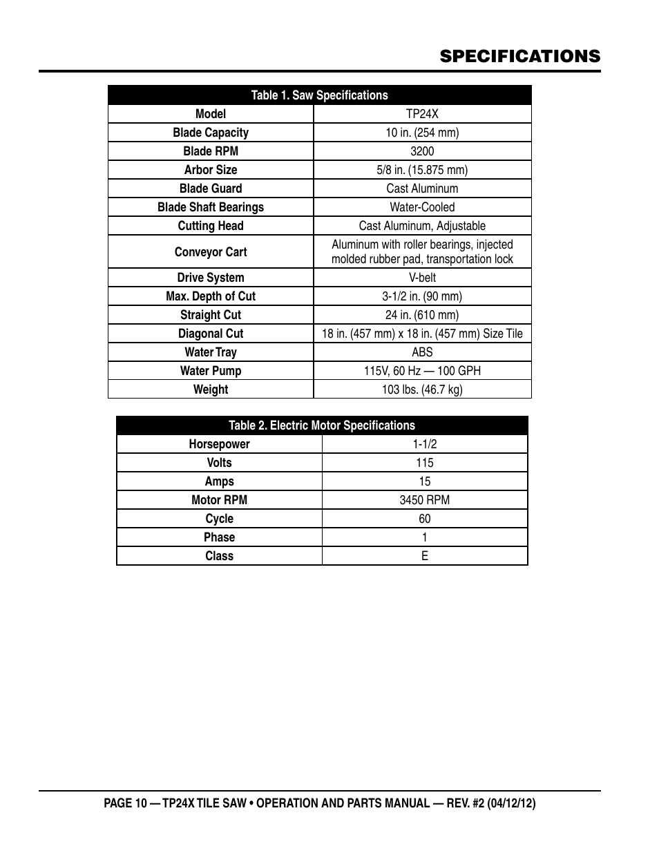 Specifications | Multiquip TP24X User Manual | Page 10 / 52