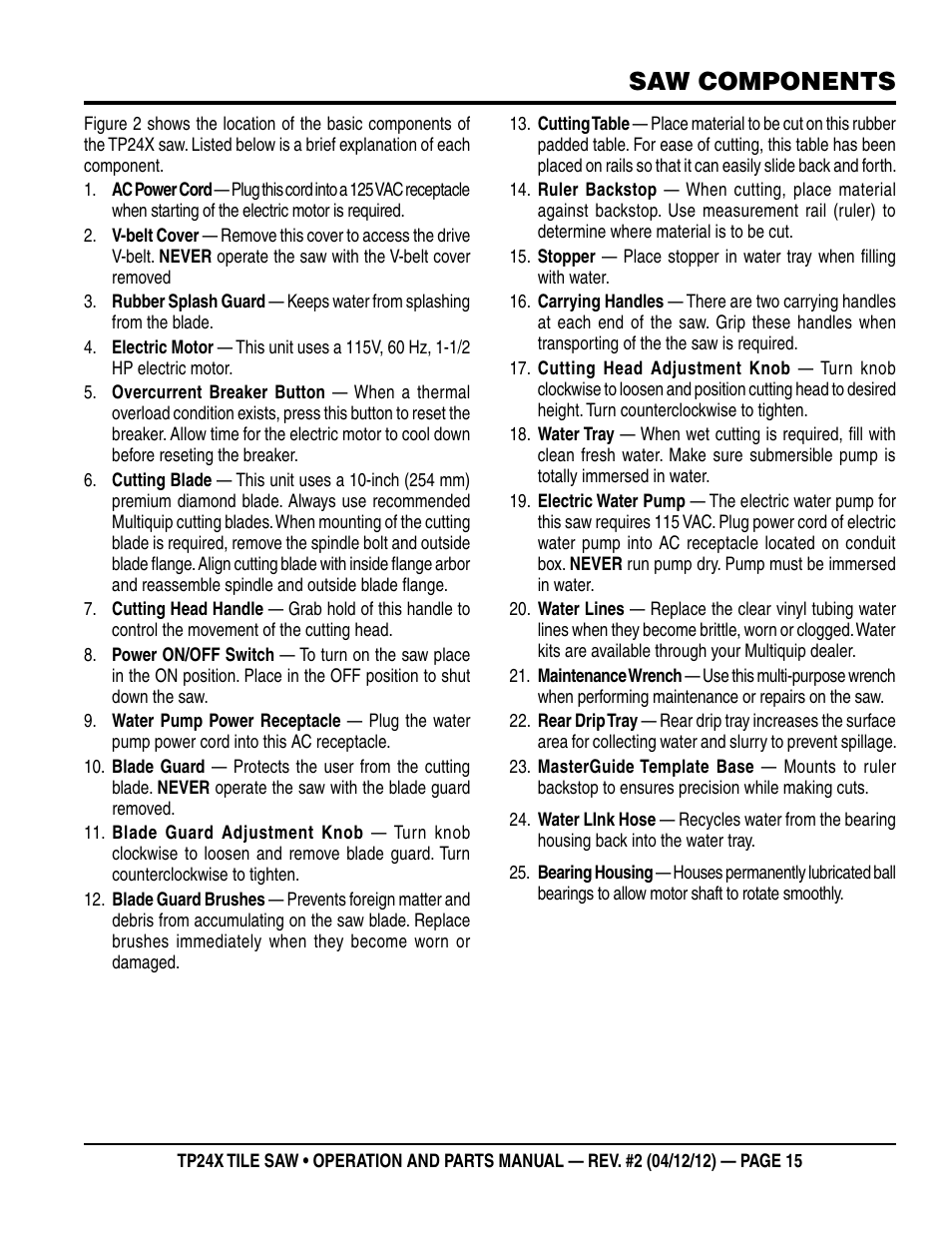 Saw components | Multiquip TP24X User Manual | Page 15 / 52