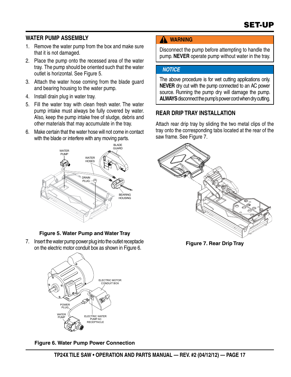 Set-up, Water pump assembly, Rear drip tray installation | Multiquip TP24X User Manual | Page 17 / 52