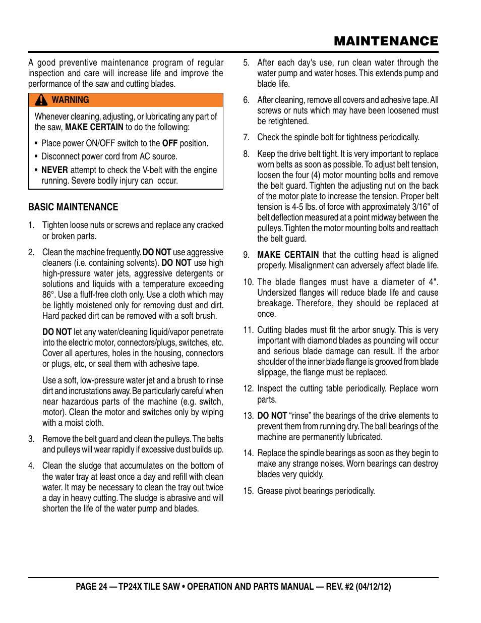 Maintenance | Multiquip TP24X User Manual | Page 24 / 52
