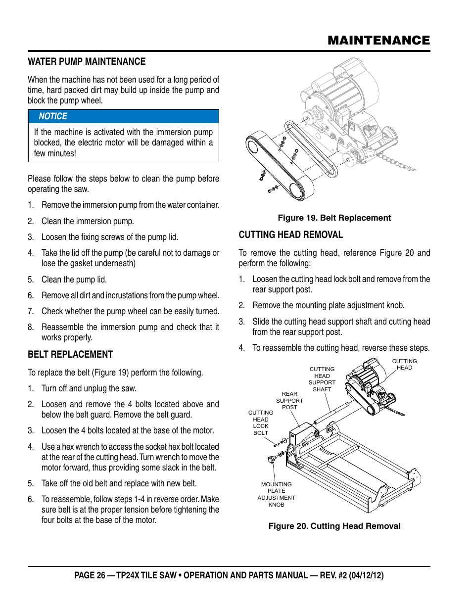 Maintenance, Water pump maintenance, Belt replacement | Cutting head removal | Multiquip TP24X User Manual | Page 26 / 52