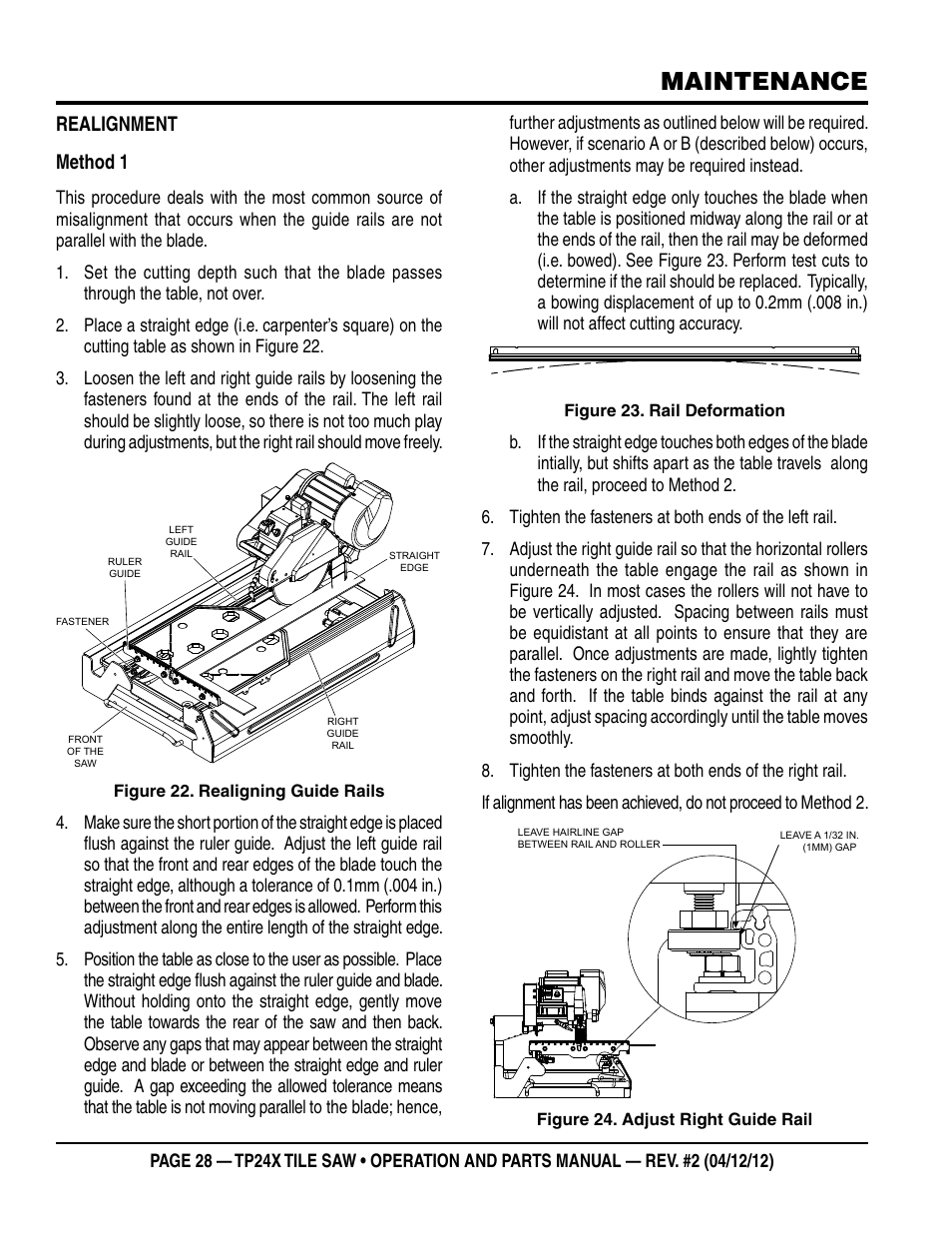 Maintenance, Realignment method 1 | Multiquip TP24X User Manual | Page 28 / 52