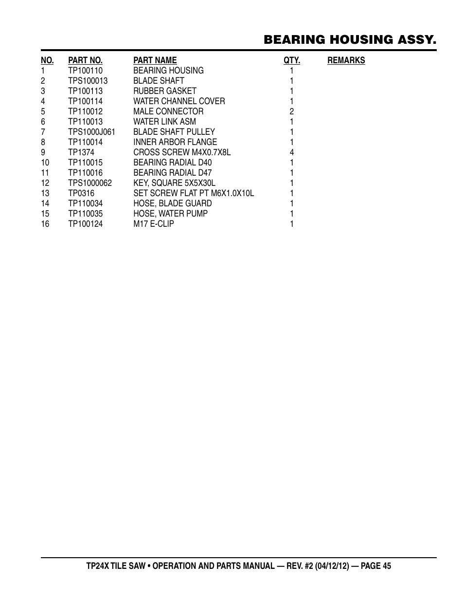Bearing housing assy | Multiquip TP24X User Manual | Page 45 / 52