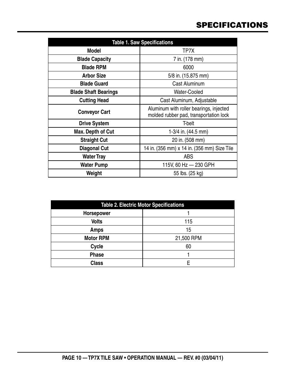 Specifications | Multiquip TP7X User Manual | Page 10 / 32