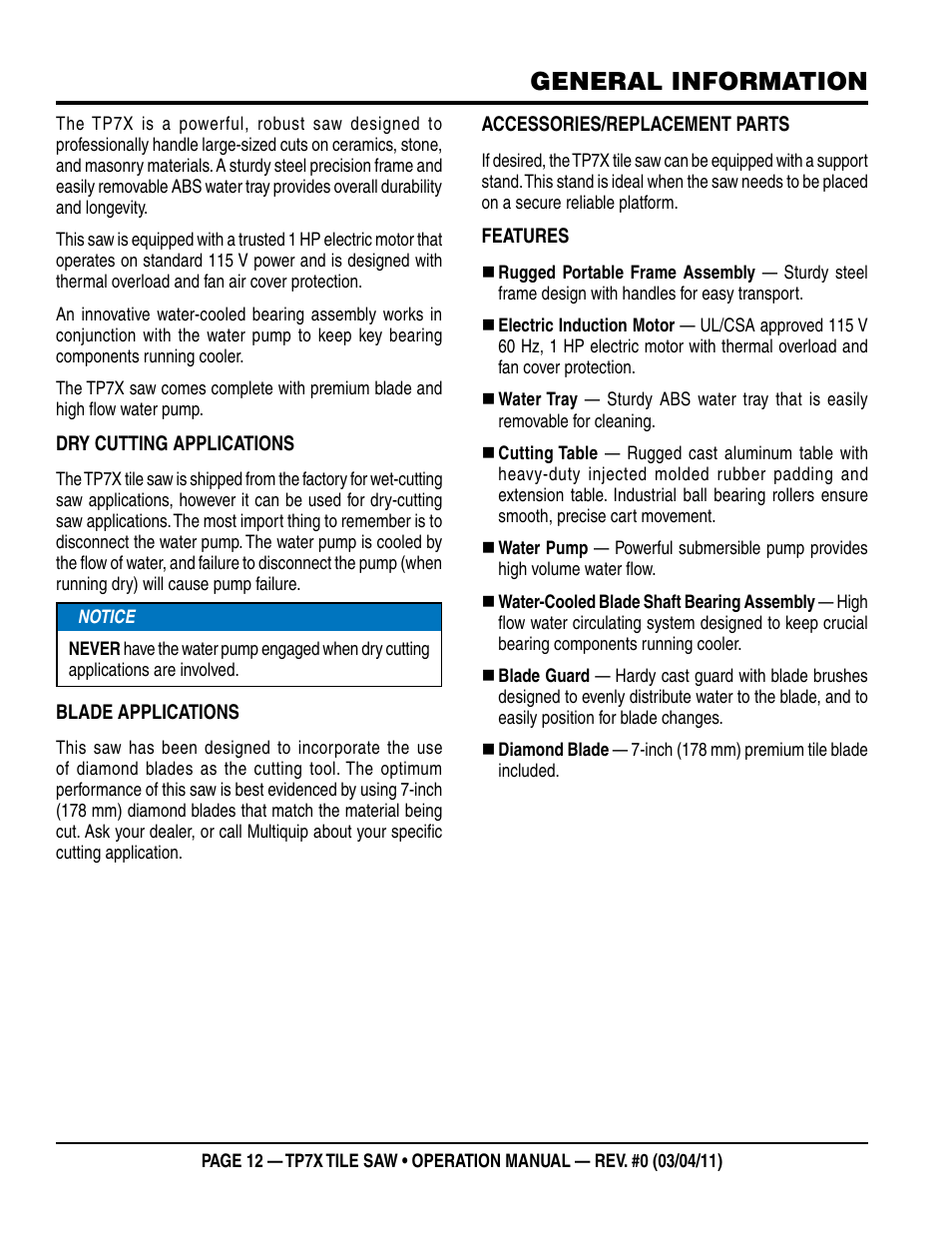 General information | Multiquip TP7X User Manual | Page 12 / 32