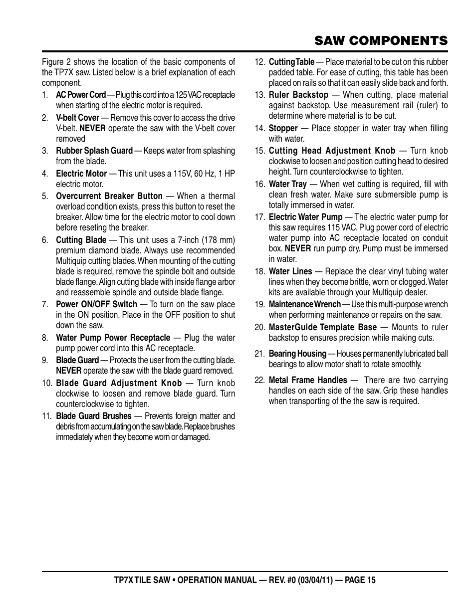 Saw components | Multiquip TP7X User Manual | Page 15 / 32