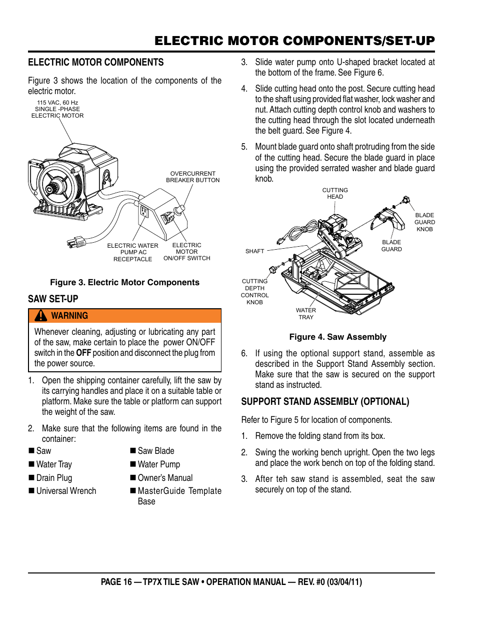 Electric motor components/set-up, Electric motor components, Saw set-up | Support stand assembly (optional) | Multiquip TP7X User Manual | Page 16 / 32