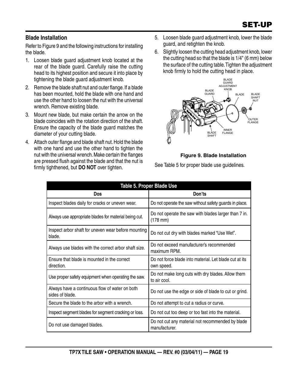 Set-up, Blade installation | Multiquip TP7X User Manual | Page 19 / 32