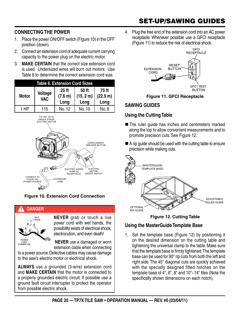 Set-up/sawing guides, Sawing guides using the cutting table, Using the masterguide template base | Connecting the power | Multiquip TP7X User Manual | Page 20 / 32