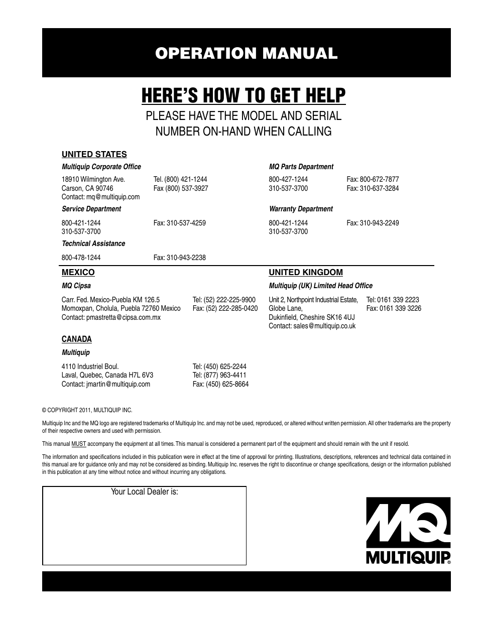 Here’s how to get help, Operation manual | Multiquip TP7X User Manual | Page 32 / 32