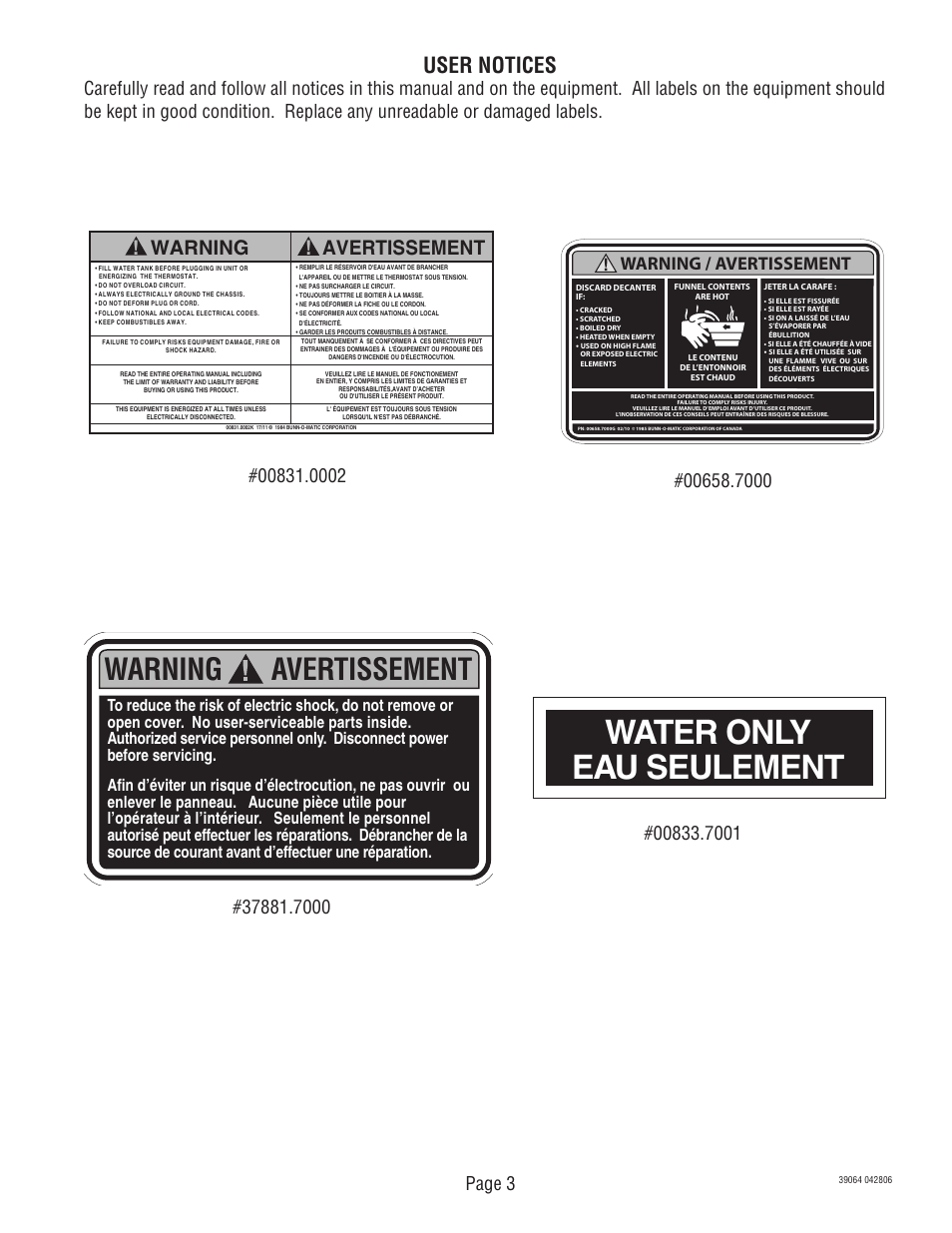 Water only eau seulement, Warning avertissement, User notices | Avertissement ! warning, Page 3, Warning / avertissement | Bunn VPR TC  EN User Manual | Page 3 / 12